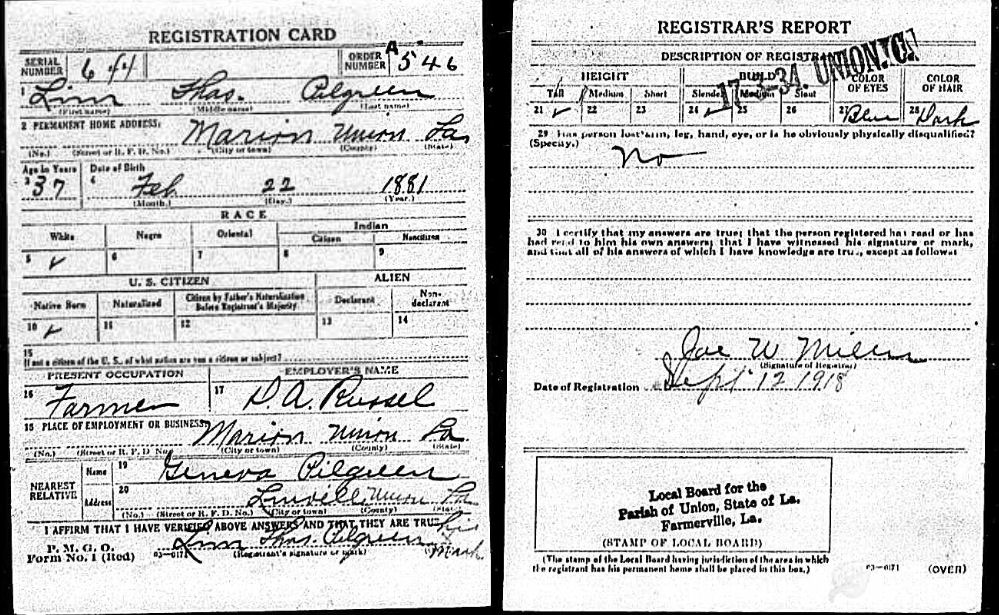 Union Parish LA WWI Registration