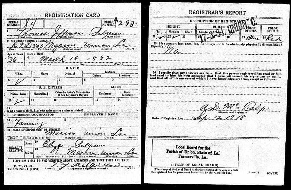 Union Parish LA WWI Registrations