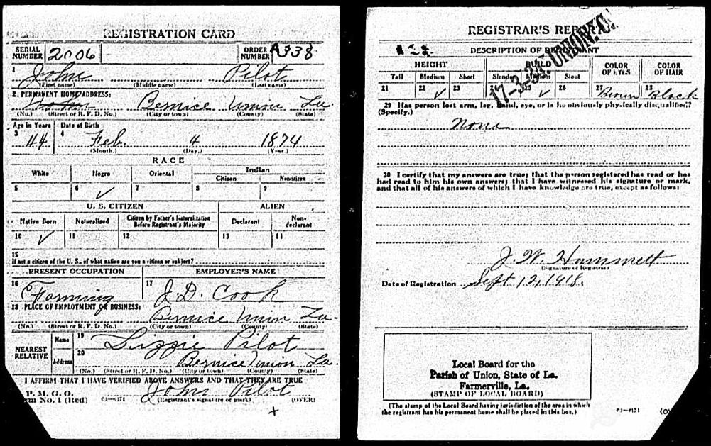 Union Parish LA WWI Registrations