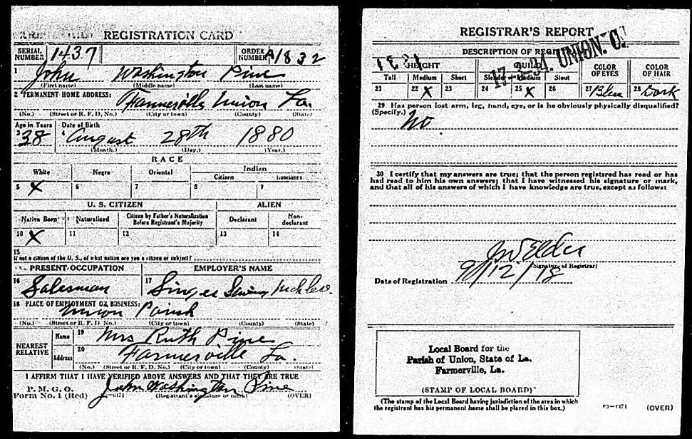 Union Parish LA WWI Registrations